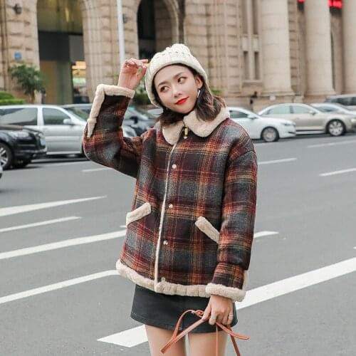 Baseball Clothes Ukraine Vintage Thicker 2020 Plaid Single Breasted Winter Jacket Women Tops Lamb fur Short Coat Female A540