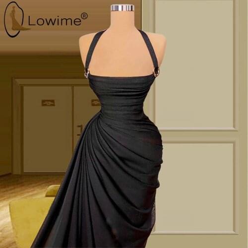 Simple Black Halter Neck Long Evening Dresses 2021 Mermaid Satin Wedding Party Gowns Robes Formal Women Wear