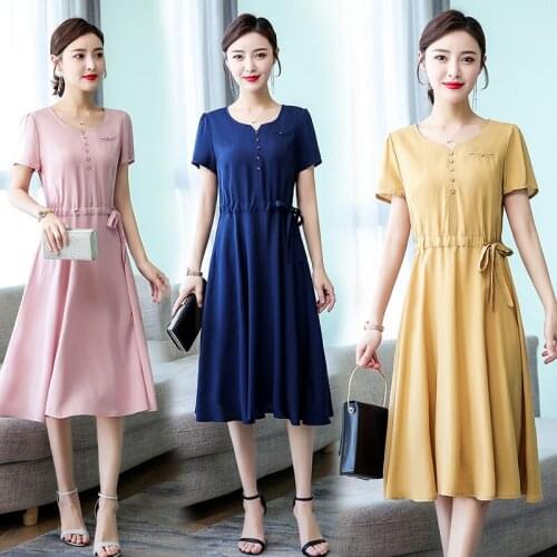 Women Plus Size Button Lace Up Short Sleeve V-neck Knee-length A-line Simple 8 Colour Big Swing Vestidos Vestido Dress Women