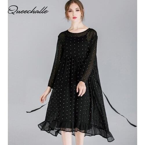 2 Piece Set Black Chiffon Dress Spring O-Neck Long Sleeve Silver Crochet Print Casual Midi Dress Women Elegant Big Size Dresses
