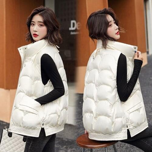 Winter Women Shiny Fashion Down Cotton Vest Jacket Loose Zipper Stand Collar Big Pockets Ladies Causal Jacket Waistcoat
