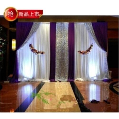 3*4m wedding party ice silk fabric drapery White with Purple curtain with swag stage prop fashion Drape with sequin Backdrop