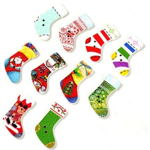 50Pcs Christmas Sock Shaped Wooden Buttons Clothing Sewing Button Kids Scrapbooking Embellishments Apparel Craft DIY Decoration