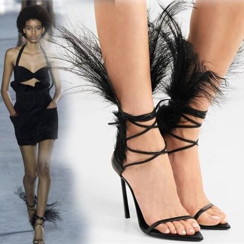Fashion Feather Decor Women Sandals Sexy 10cm Thin High Heels Pointed Toe Shoes Woman Black Open Toe Cross-tied Sandalias mujer