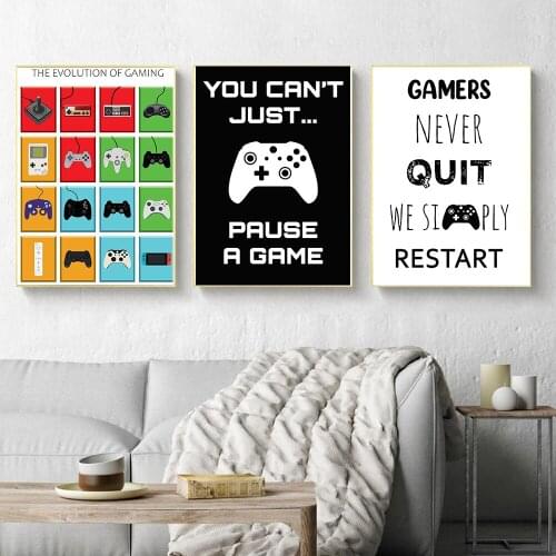 Gamer Gaming Wall Art Poster Black White Canvas Painting You Can't Just Pause A Game Quote Controller Teenage Boys Room Decor