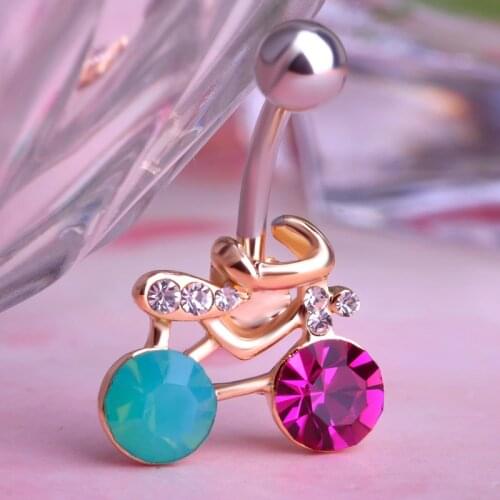 New Stainless Steel Bicycle Shaped Crystal Dangle Belly Button Ring Spiral Ball Gold Helix Piercing Umbigo Sexy Body Jewelry 2g