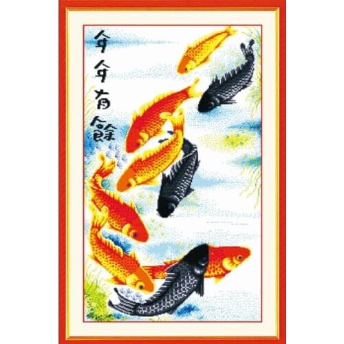 Surplus year after year cross stitch kit Chinese word fish pre-print 11ct hand embroidery DIY handmade needlework supplies bag