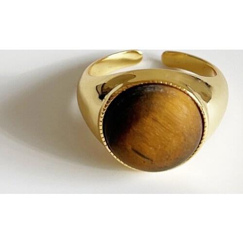 Authentic 925 Sterling Silver Fine Jewelry Golden tiger-eye StoneRound Ring Hip Hop C-J1627