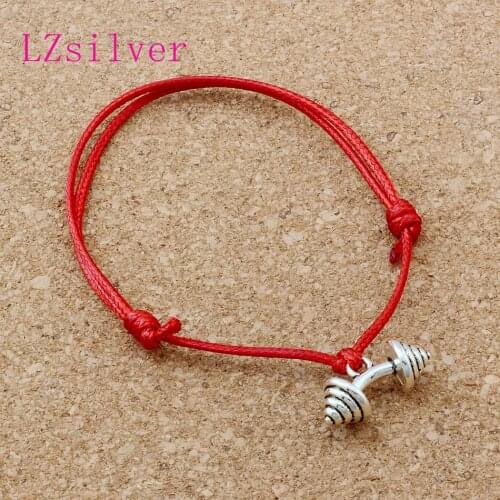 Hot ! 20pcs Adjustable Bracelets Zinc alloy metal BARBELL weightlifting Charms Adjustable Red Waxes rope Bracelet