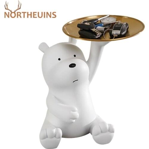 NORTHEUINS Resin Cute White Bear Tray Stroage Figurines Home Decor Modern Nordic Ornaments Study Office Desktop Decoration Gift
