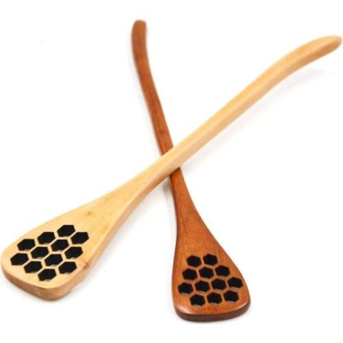 Cute Wood Carving Kitchen Flatware Honey Stirring Spoons Honeycomb Carved Honey Dipper SN651