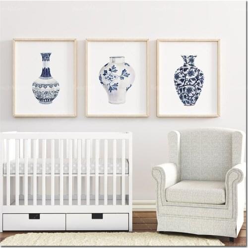 Set of 3 Watercolor prints, Printable Wall Art, Ginger Jar Watercolor, Minimalist Art, Blue and white Jar, Ginger Jar Art