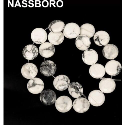 Nassboro Flat Round Coin Shape Natural Stone Beads White Howlite Truquoises Round Loose Beads For Jewelry Making Handmade