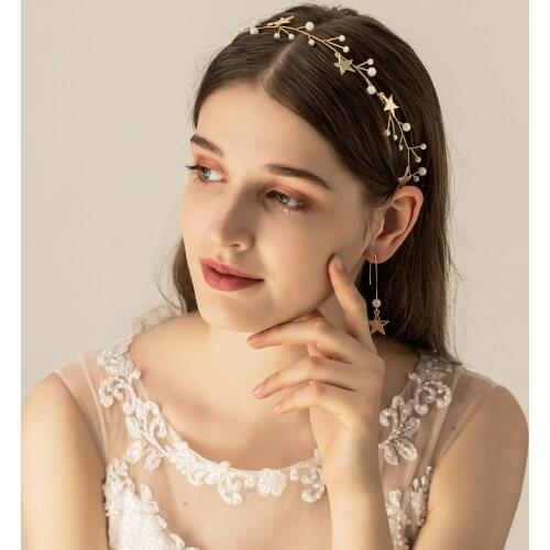 Elegant Bridal Headdress Golden Bracket Pearl Resin Handmade Head Band Earrings for Wedding Perform Studio Travel Photo O524