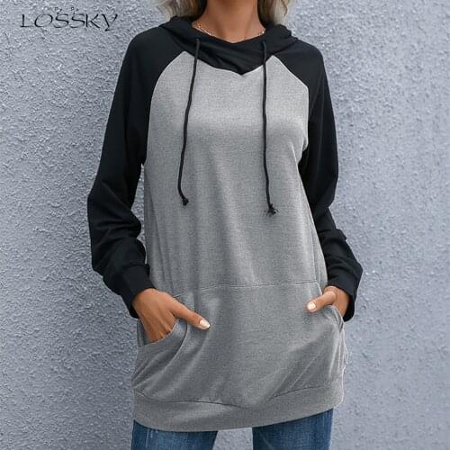 Autumn Winter Women Drawstring Hoodie Vintage Black Long Sleeve Top Fashion Color Block Pullover Loose Streetwear Sweatshirt