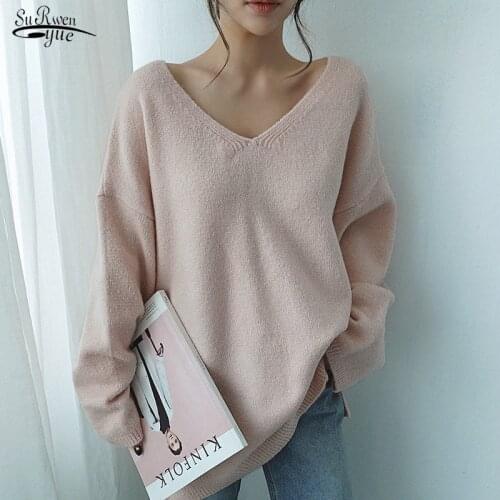 Autumn Winter 2021 Plus Size Loose V-neck Sweater Women Age-reducing Long-sleeve Sweater Solid Tops Simple Bottom Knitwear 15919