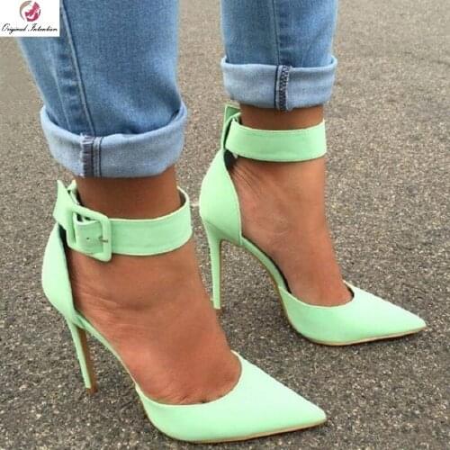 Plus Size Women Fashion Buckle Strap Pumps 2021 Sexy Pointed Toe 14cm Thin High Heels Wedding Casual Shoes Green Sandals Summer