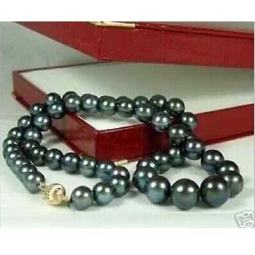 Stunning 18"10-11mm tahitian black green pearl necklace