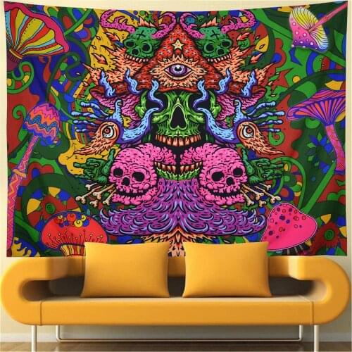 Psychedelic Arabesque Tapestry Skull Tapestry Trippy Mushrooms Tapestry Bohemian Hippie Tapestry Wall Hanging for Room Gobelin