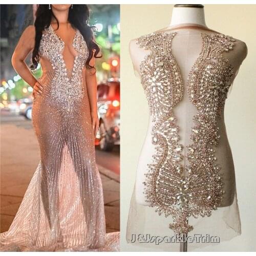 Rose gold Rhinestone Bodice Crystal Applique Large Luxury Heavy Bead Handmade Bodice Patch Haute Couture Prom Bridal fabric