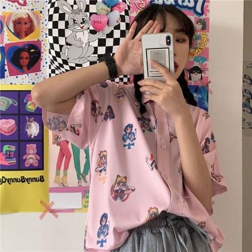 Anime Sailor Moon Pink Short Sleeve Shirts Harajuku T Shirt Women Clothes 2021 Cosplay Cute Kawaii Tops