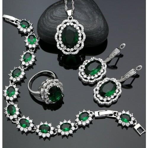 Silver 925 Jewelry Sets For Women Natural Green Cubic Zirconia Earrings Pendant Necklace Ring Bracelet For Women Jewelry Kits