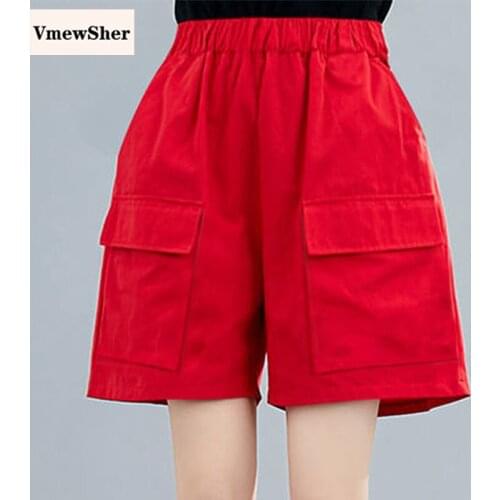 VmewSher New 4XL Casual Cotton Shorts Women Plus Size Shorts Elastic Waist Short Pants Female Wide Leg Loose Pockets 2020 Summer
