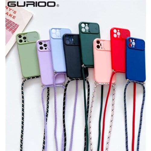 Slide Camera Protection Lanyard Strap Phone Case For iPhone 12 Mini 11 Pro Max X XR XS Max SE 2020 7 8 Plus Silicone Soft Cover