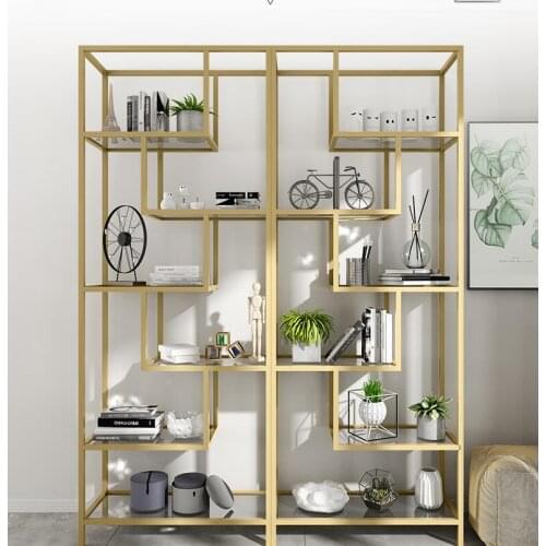 Nordic aureate bookshelf iron art sets content rack glass of shelf sitting room of modern simple and simple originality displays