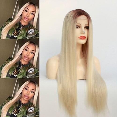 Sexy Synthetic Lace Front Wig Honey Blonde Long Silky Straight Ombre Wig With Dark Roots Brown to Blonde for Women Heat Resistan