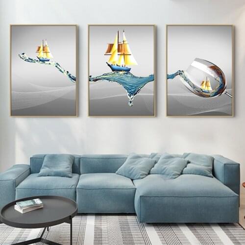 Modern Minimalist Sailing Wine Glass Art Canvas Paintings Wall Art Pictures for Living Room Decor (No Frame)