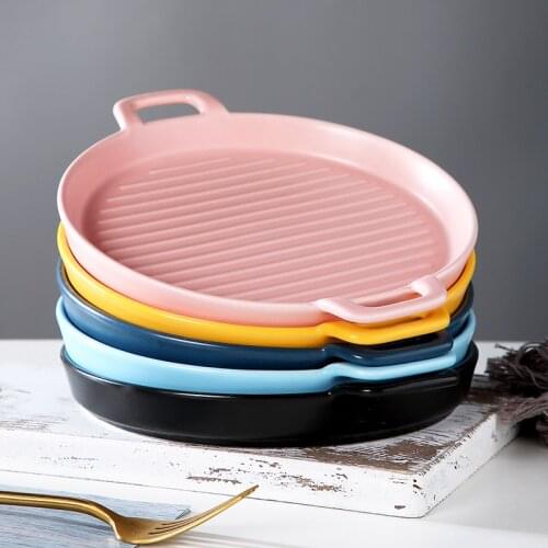 Japanese ceramic tableware, household ceramic baking pan, ceramic glaze baking pan, round two-ear baking pan