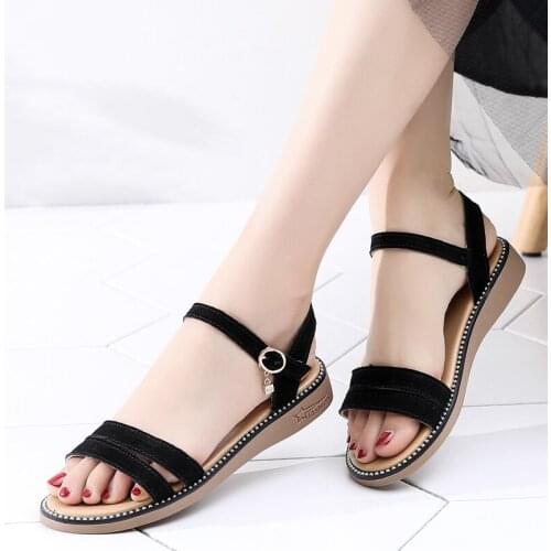 Cow Suede Leather Shoes Women Sandals Welt Crystal Summer Ladies Leather Sandals Flat Woman Beach Sandals Shoes Female