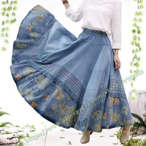 2021 Spring Summer Female Retro Casual Farmhouse Style Hole Plaid Floral Denim Jeans Skirt Big Hem Swing Long Skirts for Womens