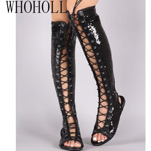 Women Sandals Strappy Open Toe Knee High Summer Gladiator Flat Sandals Roman Bandage Casual Boots Shoes Plus Size 34-44