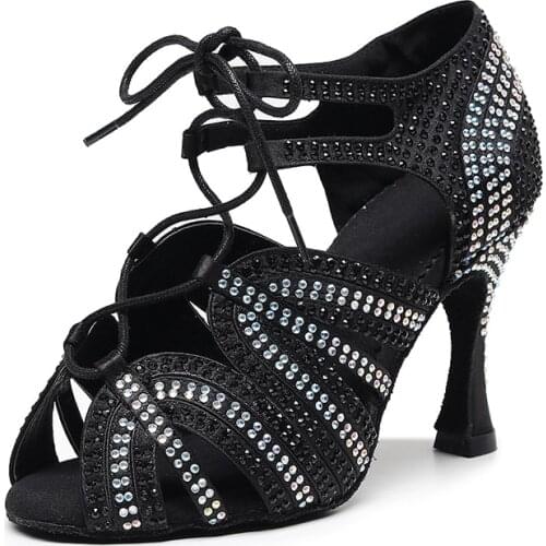 Women Rhinestone Latin Dance Shoes Black Brown Lace Up Ballroom Salsa Shoes For Dancing Girls High Heel Latino Shoes For Woman