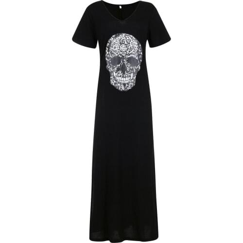 Платье летнее Fashion Women Casual V-neck Skull Print Long Skirt Side Slit Sexy Dress robe femme robe longue A40