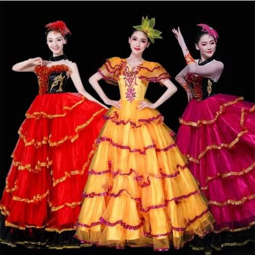 Women Flamenco Dress Gypsy Girls Dancing Costume Spanish Bullfight Lace Big Swing Flower Dress Satin Belly Stage Performance