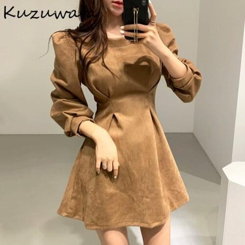 Long Puff Chic Sleeve Bottoming Dress Spring Vintage O Neck Slim Waist Women Dress Faux Chammy A Line Mini Vestidos