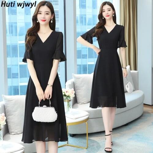 2021 Summer Plus Size Vintage chiffon Midi Dress Women Bodycon Black Sexy Dress casual Party Short Sleeve Runway Hepburn Vestido