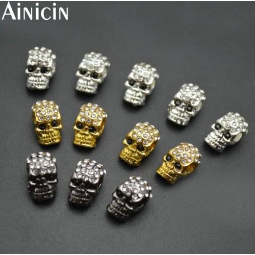 20pcs White Rhinestone Setting Aldary Skull Charms Silver Gold Gun Black Color Horizontal Holes Beads