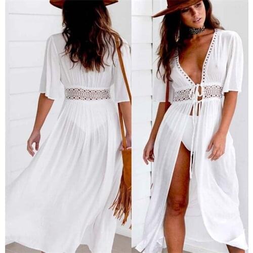 3XL Plus Size Beach Long Maxi Dress Women Beach Cover Up Tunic Pareo White V Neck Dress Robe Swimwear Bathing Suit Beachwear