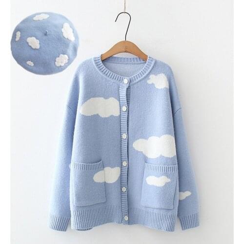 Beret hat with Cloud Sweater Coat 2020 Autumn Long Sleeve Knitted Jacket Causal O-neck Cardigan Cute clothes