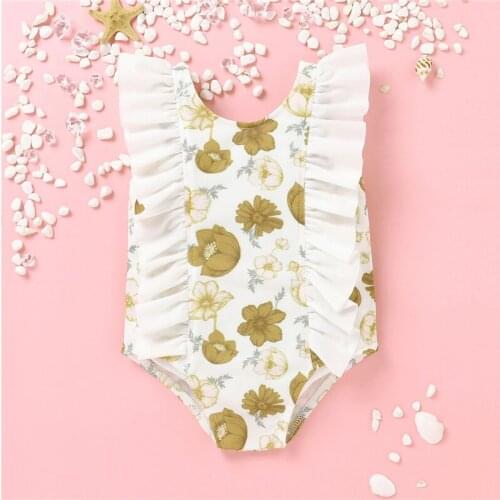 Meihuida Baby Girl’s Sweet Flower Printing One-Piece Swimsuit Fashion Flounce Sleeveless Triangle Swimsuit Kids Swimwear