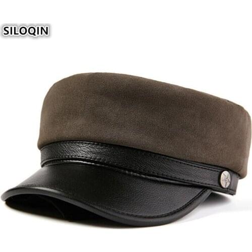 SILOQIN Mens Flat Cap Snapback Trend Genuine Leather Hat Autumn Fashion Women Sheepskin Military Hats Elegant Ladies Brand Caps