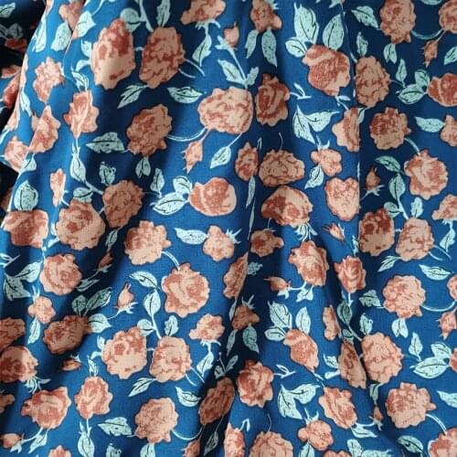 Beautiful Blue imitation Koera Silk Chiffon fabric Orange-Yellow Rose Flower Print Cloth Patchwork DIY Women Dress/Scraf/Curtain