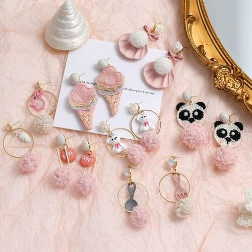 Hot selling cute pink girly earrings Sweet macaron color cartoon hair ball earrings bow earrings for women