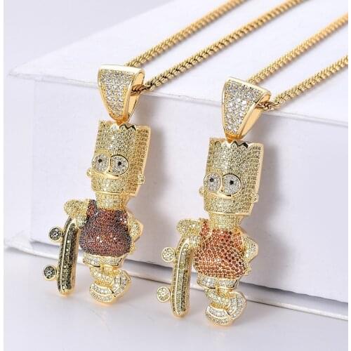 Micro Paved AAA Cubic Zirconia Bling Iced Out Skateboard Simpson Pendants Necklace for Men Hip Hop Rapper Jewelry Gold