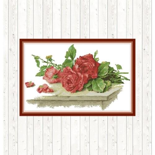 Red Roses on The Table Cross Stitch Sets 14ct 11ct Count Print Canvas Needlework Diy Embroidery DMC Cotton Thread Printed Canvas