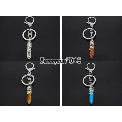 Natural Gems Stone Hexagonal Charm Beads Dragon Silver Plated Key Ring Lobster Healing Jewelry Design 5Pcs/Pack